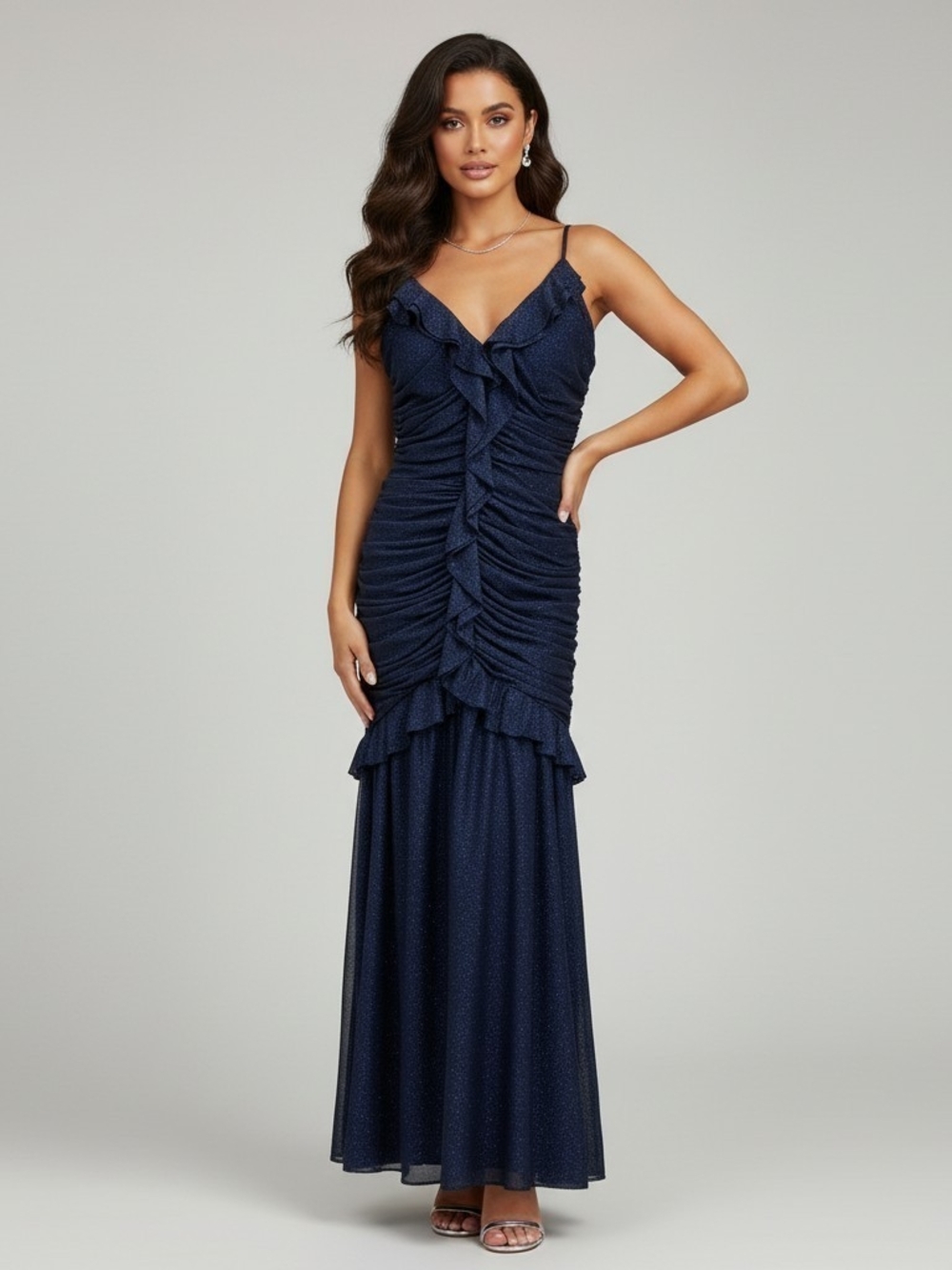 NWT Maison Tara Blue Shimmer Ruched V-Neck Maxi Dress Size 12